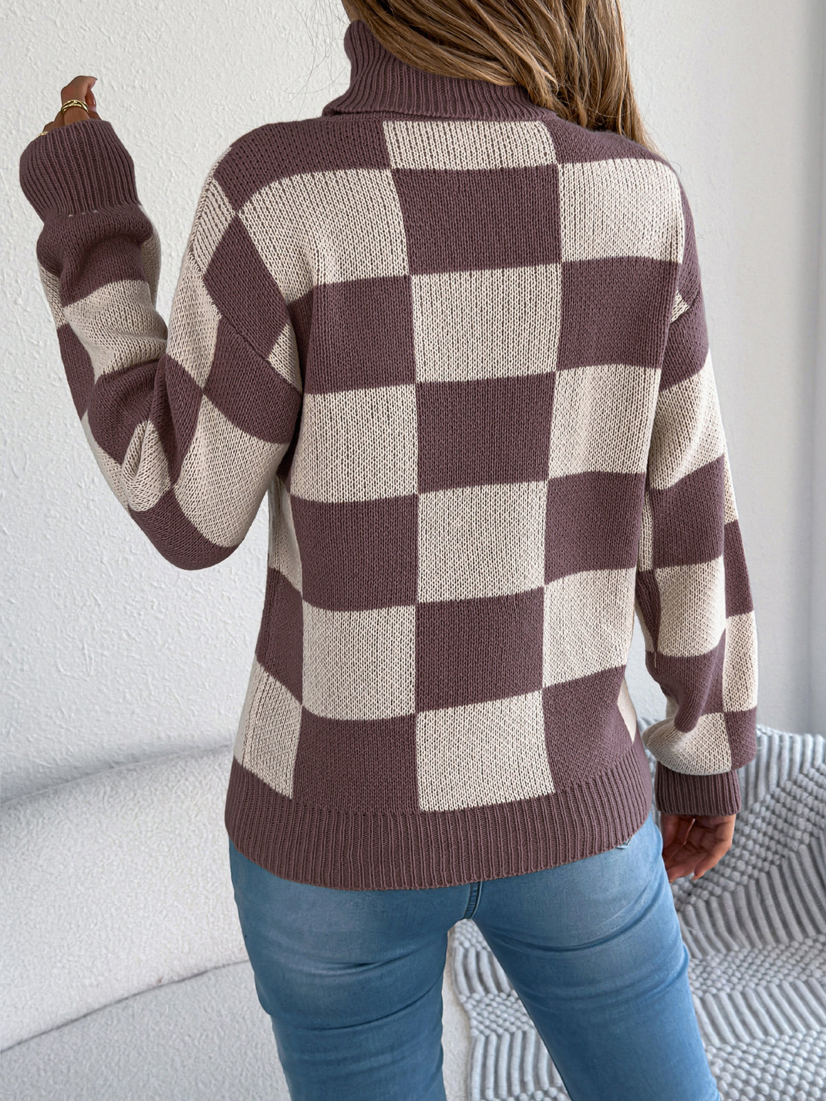 Women's High Neck Color-blocked Plaid Lantern Sleeve Sweater