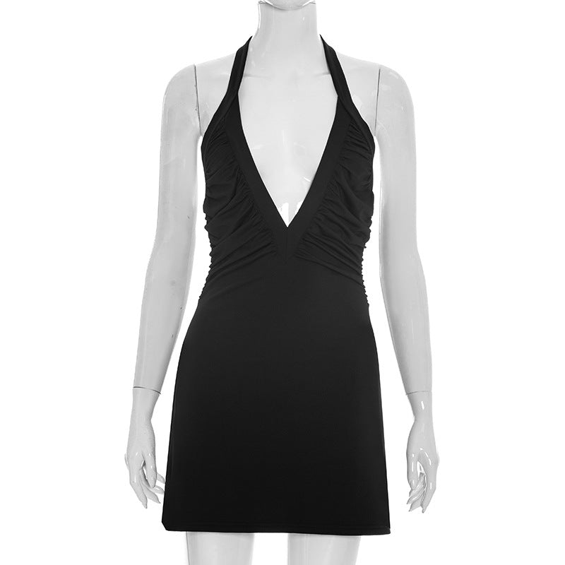 Halter V-Neck Pleated Bodycon Mini Dress