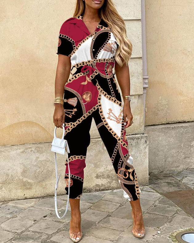 Women's Clothing Lapel Print Cargo Overalls