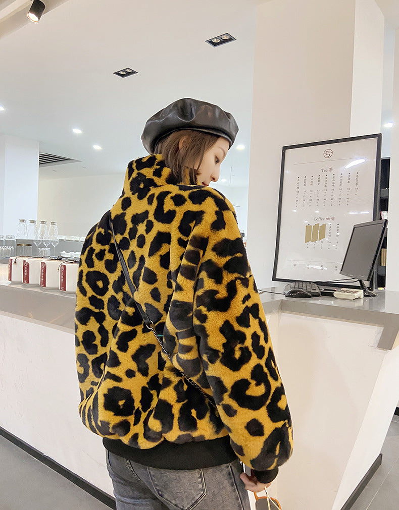 Leopard Print Faux Fur Stitching Women's Winter Sweater