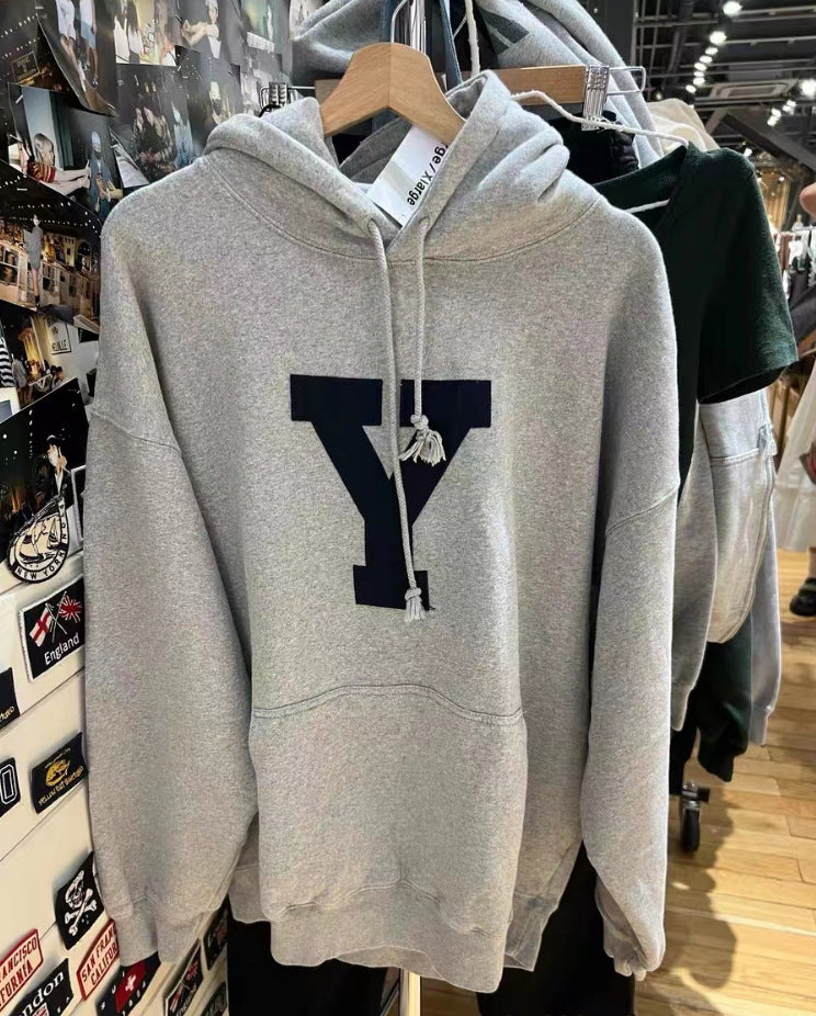 Women's Gray Letter Patch Pullover Hooded Sweatshirt