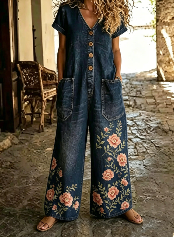 Casual Denim Wide-Leg Short Sleeve Jumpsuit with Pockets