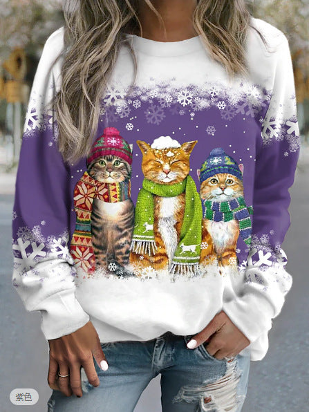 Festive Christmas Snowman & Cat Long Sleeve Casual T-Shirt