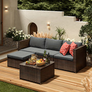 [Outdoor Patio Sofa Set] 5pcs Outdoor Patio Sofa Set with Glass Coffee Table, Brown Rattan Sectional Furniture Set with Gray Cushions & Red Pillows, Durable All-Weather Conversation Set