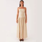 Womens Strapless Pleated Patchwork Evening Dress