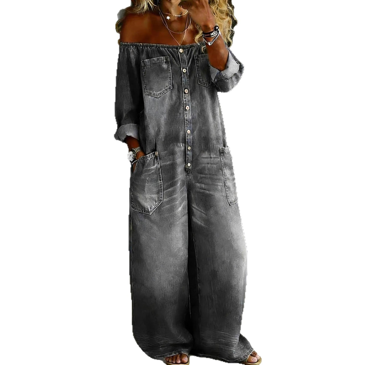 Off-Shoulder Faux Denim Jumpsuit with Pockets