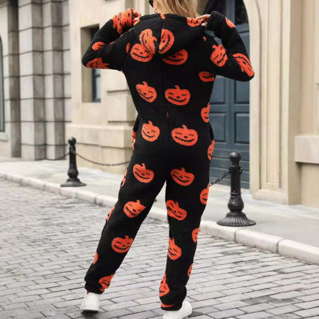 Halloween Pumpkin Print Zip Plush Jumpsuit