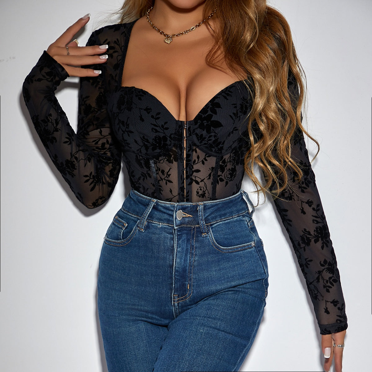 Elegant Lace Long-Sleeve Button Romper