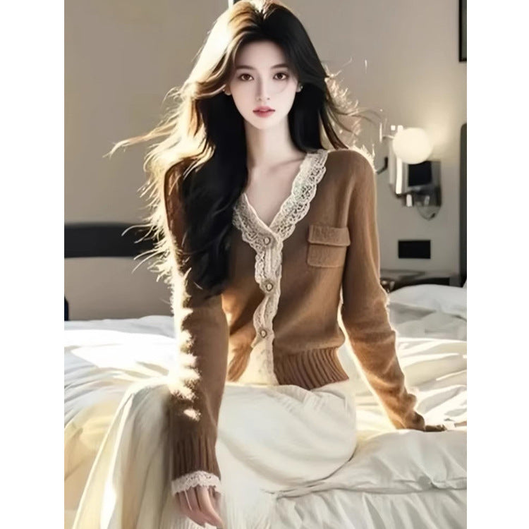 Maillard Brown Lace-trimmed V-neck Knitted Cardigan Sweater