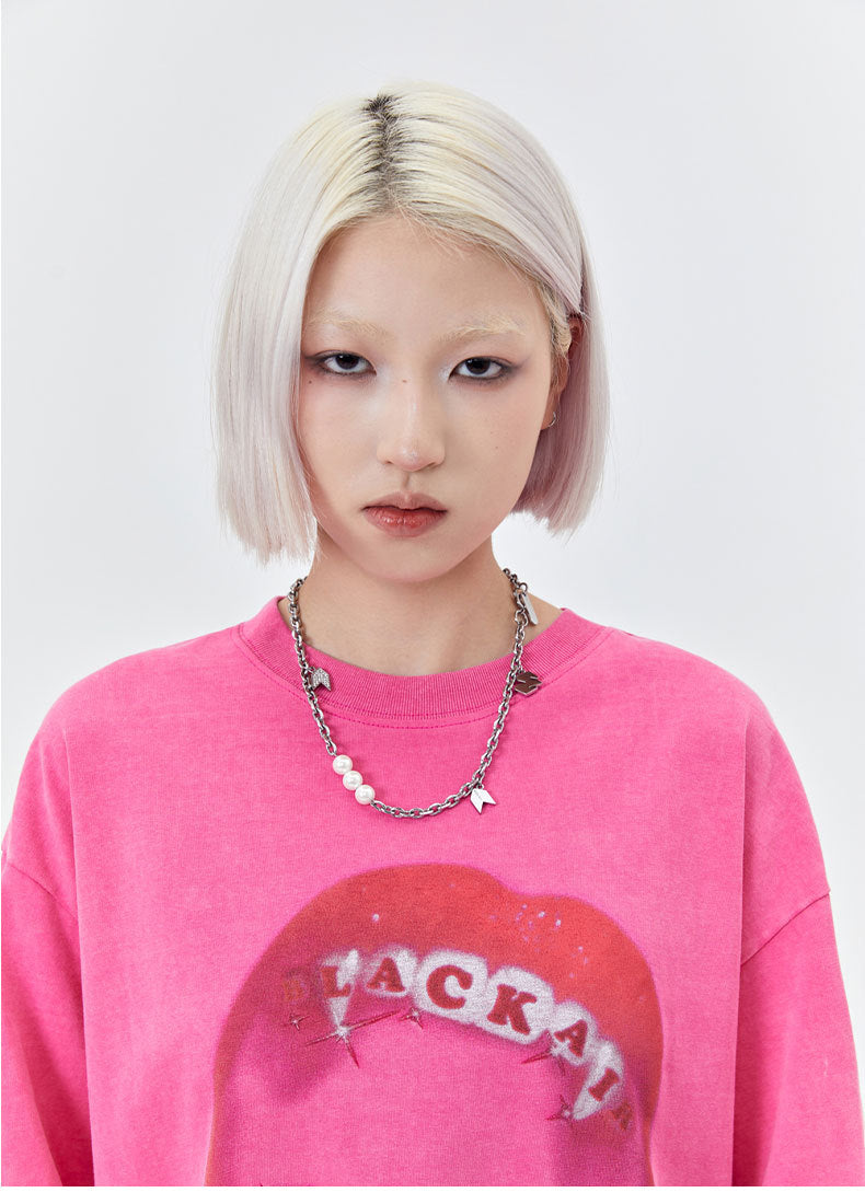 Retro Red Lips Print Men's Casual Streetwear T-Shirt