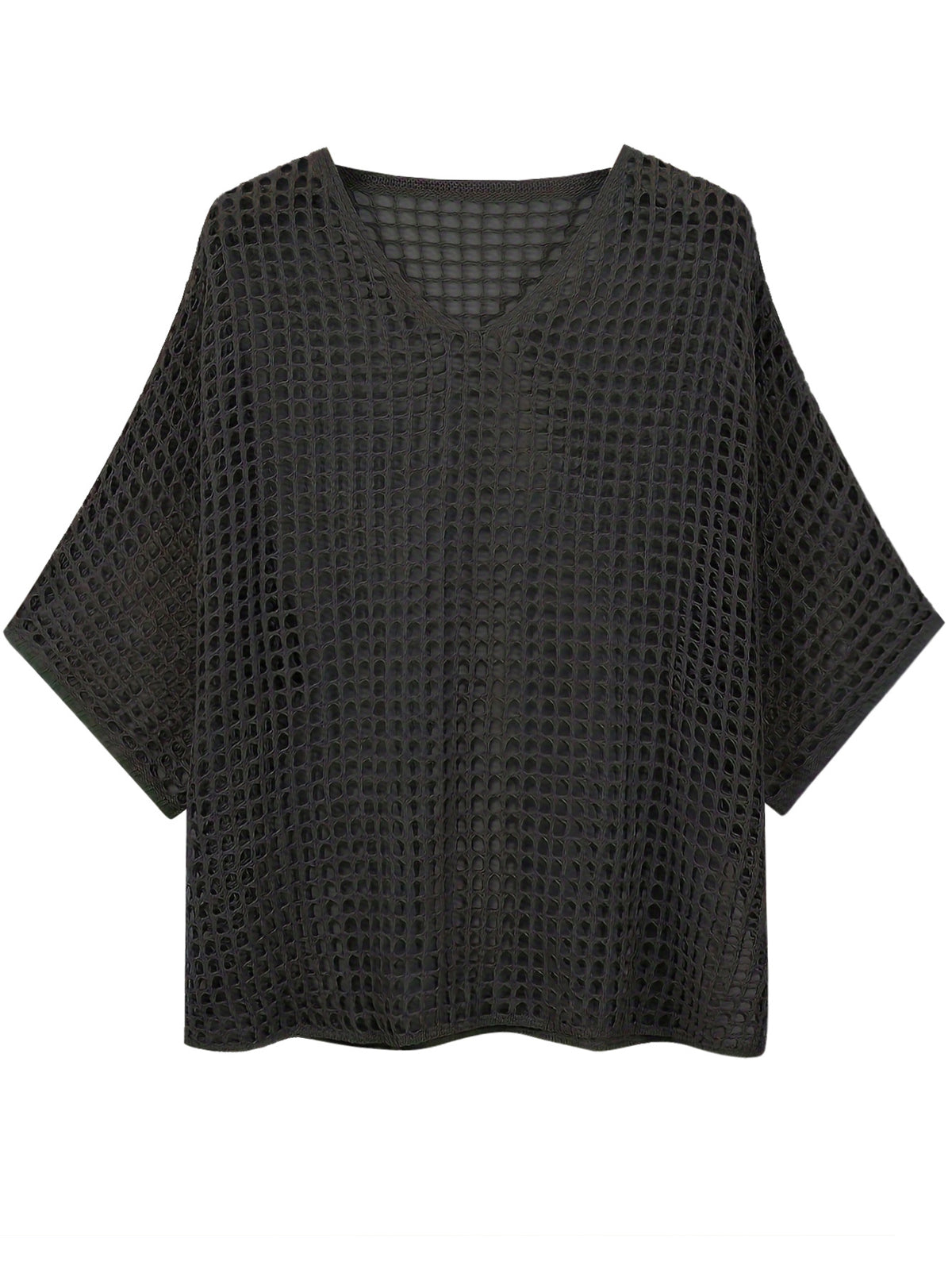 V Neck Hollow Out Knit Tunic Top Batwing Half Sleeve Loose Mesh Cover Up
