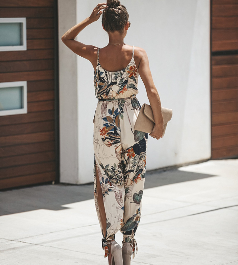 Sexy Backless V-Neck Printed Jumpsuit with Pockets