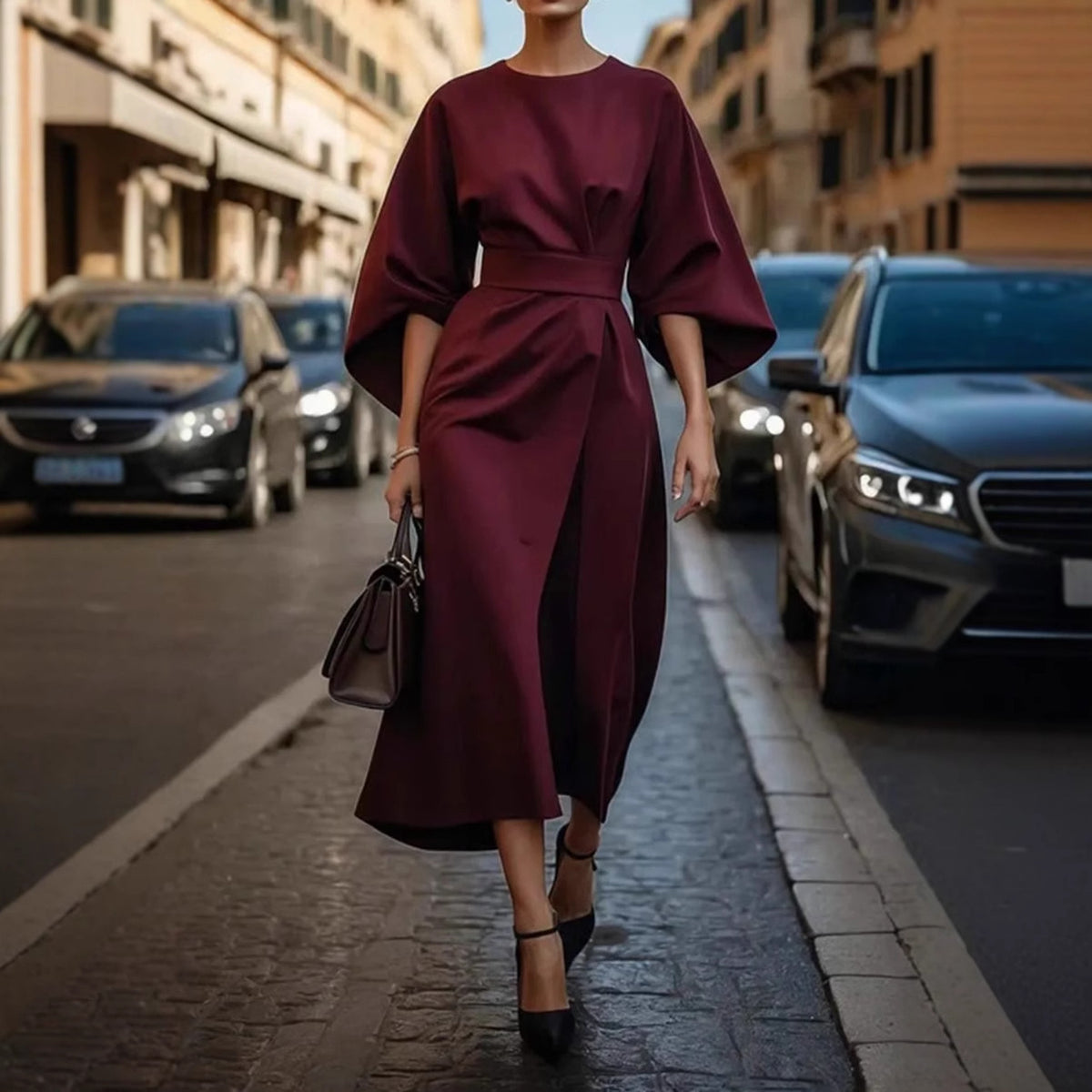 Elegant Solid Color Batwing Sleeve Casual Maxi Dress