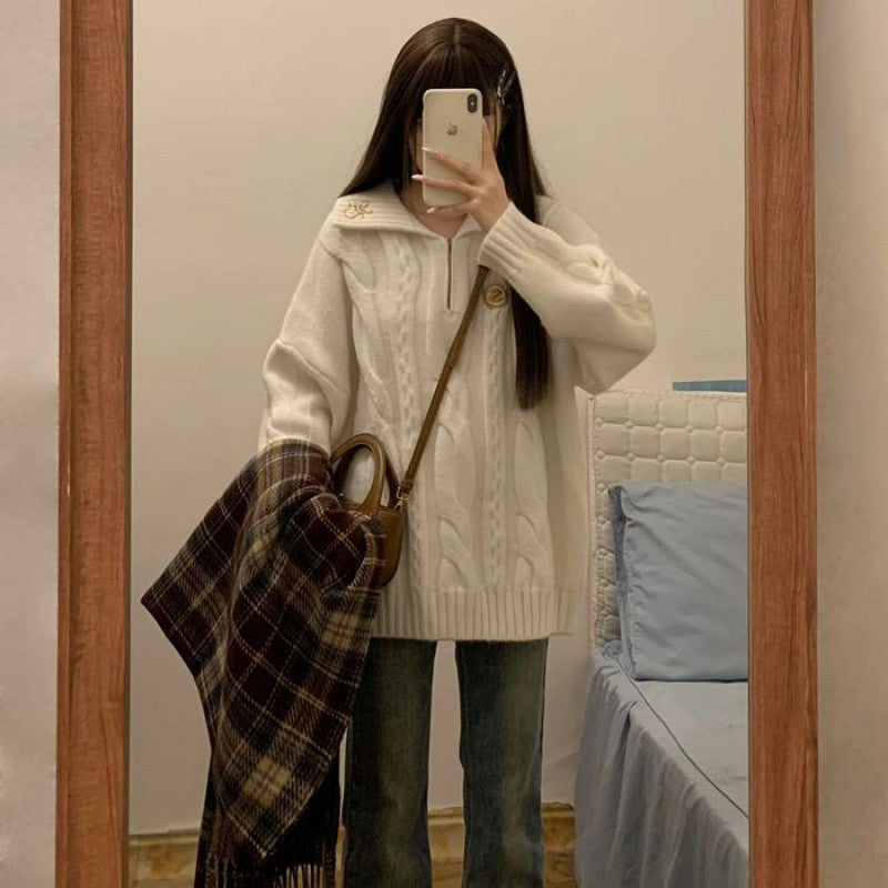 White Polo-collar Pullover Sweater for Women Autumn and Winter
