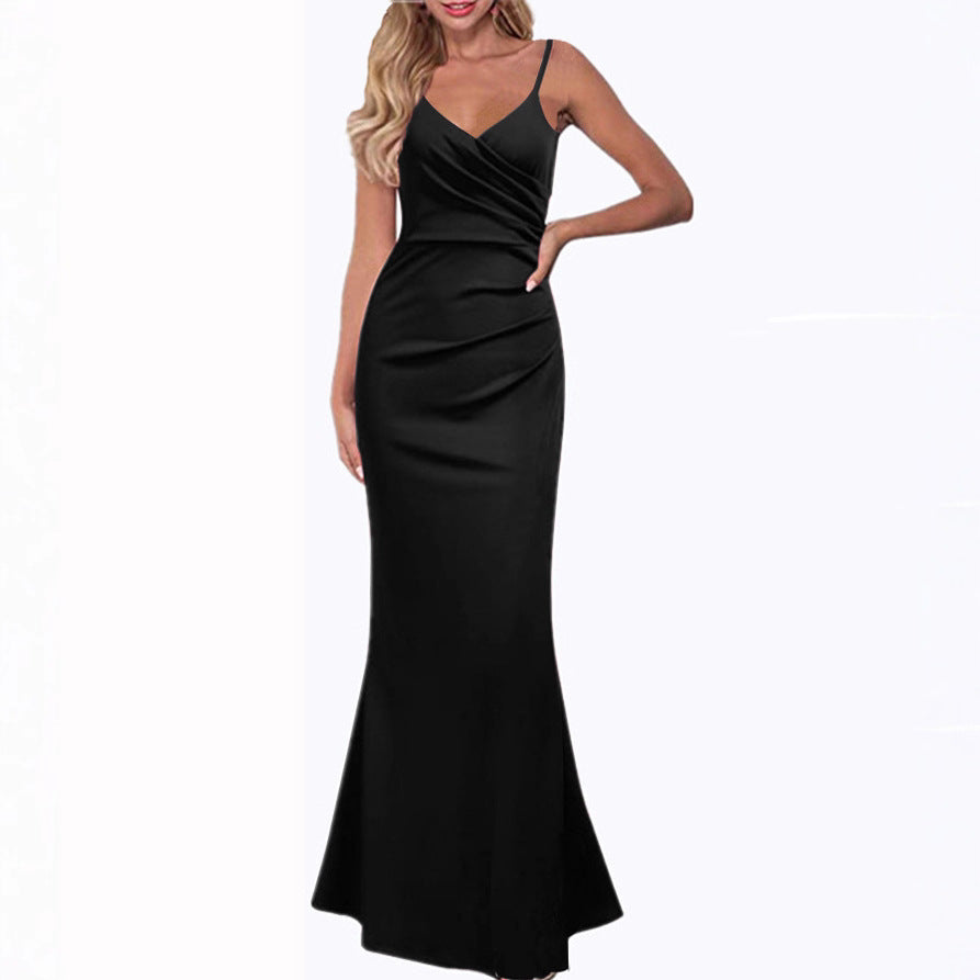 Elegant Solid Color Slim-Fit Suspender Long Swing Dress