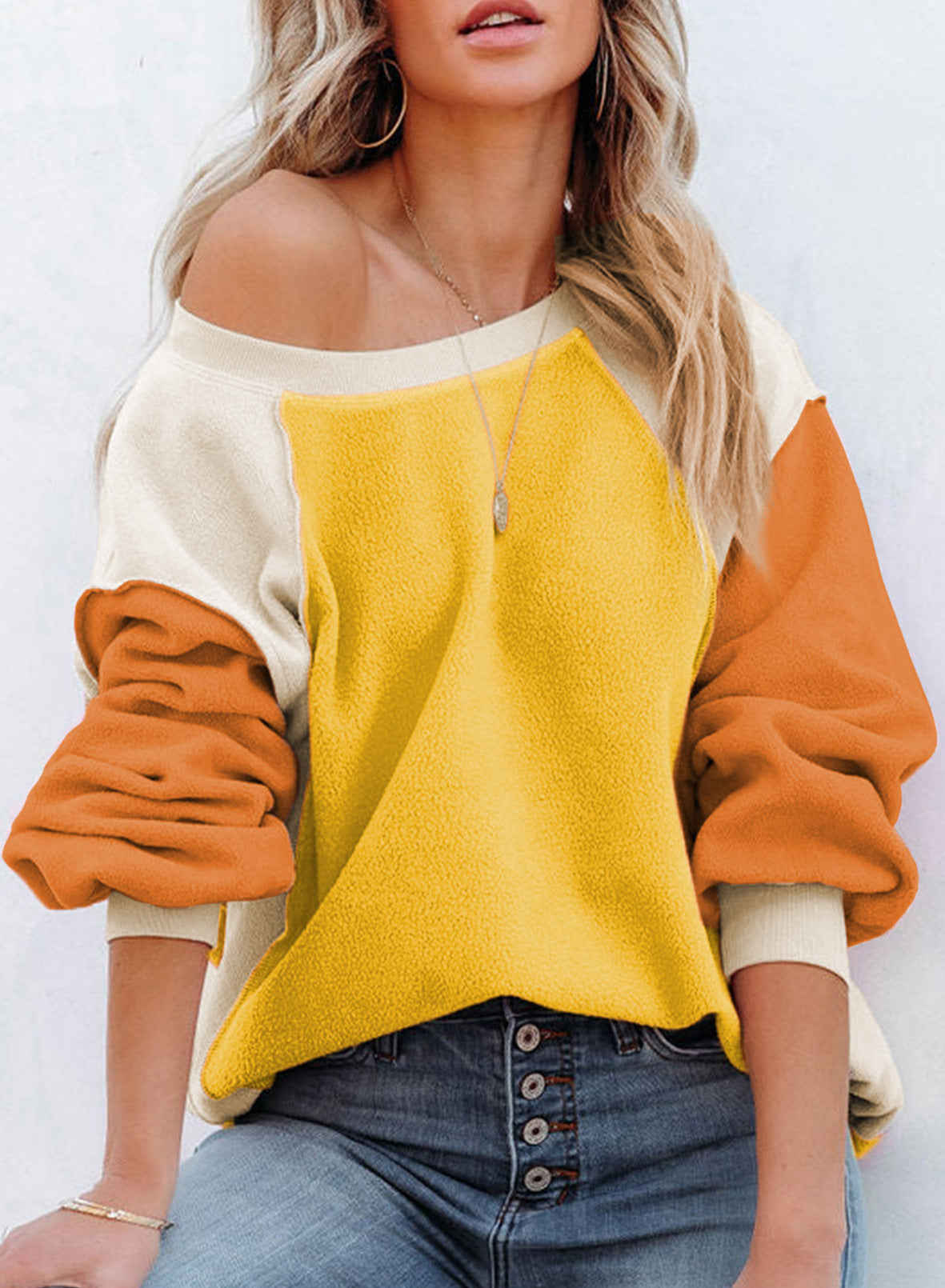 Cozy Colorblock Fleece Lantern Sleeve Pullover Top