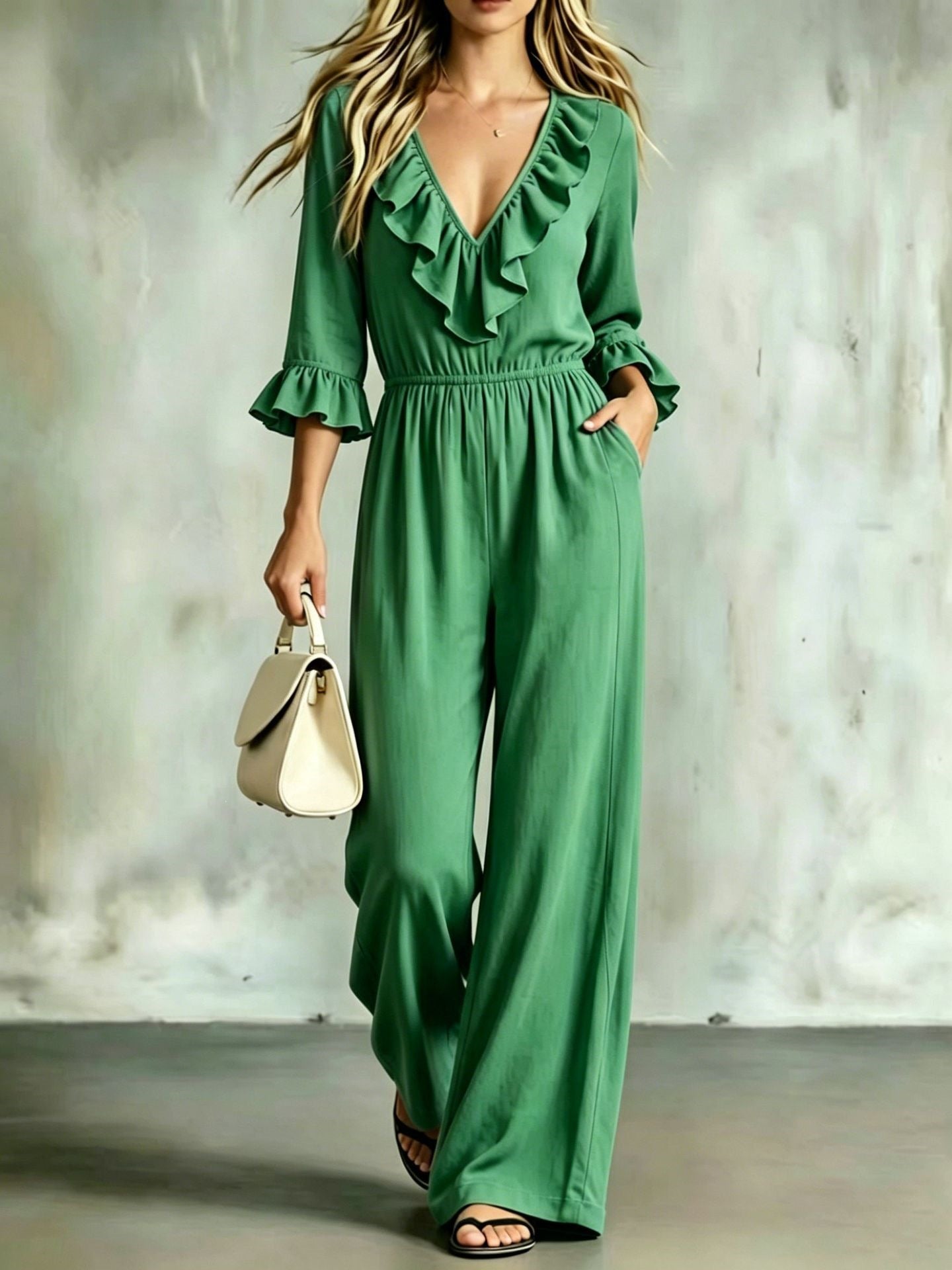 Women's Casual V-Neck Ruffled Flared-Sleeve Jumpsuit