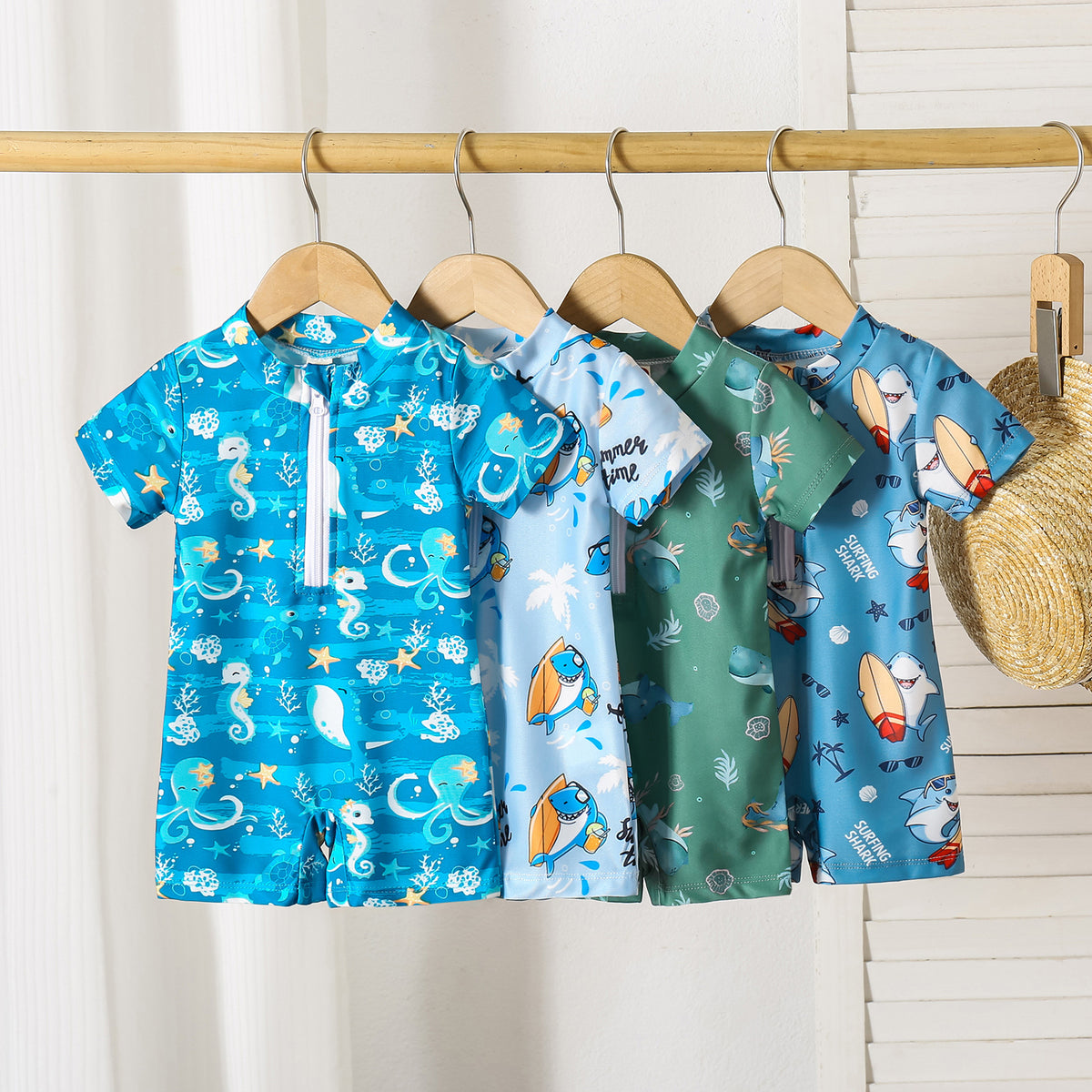 Boys' Shark Print Summer Romper & Swimsuit