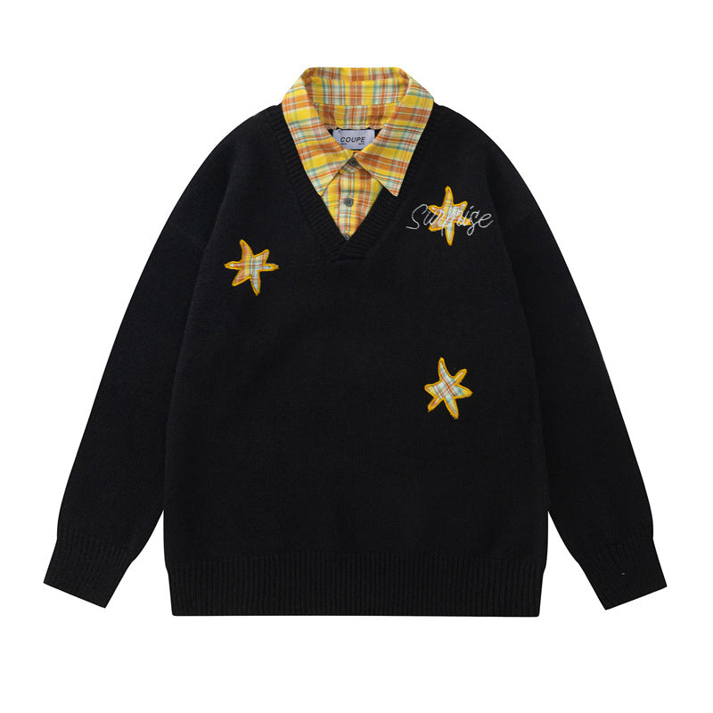 Retro Plaid Patchwork Mock Two-piece Letter and Star Embroidered Sweater