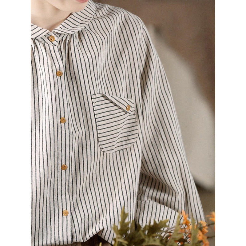 Retro Cotton Linen Long Sleeve Blouse Striped Brushed Original Art