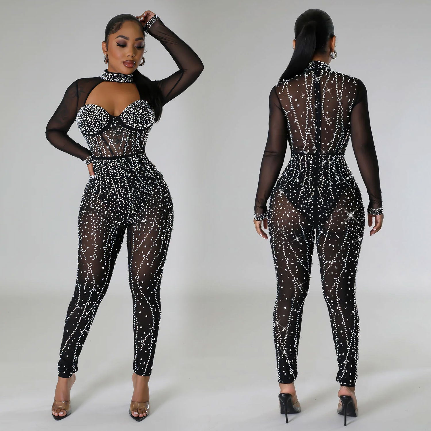 Women's Mesh Rhinestone Long Sleeve Jumpsuit