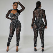 Women's Mesh Rhinestone Long Sleeve Jumpsuit