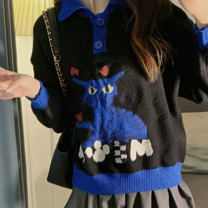 New Polo Collar Idle Style Pullover Machine Embroidery Cartoon Cat Sweater Top