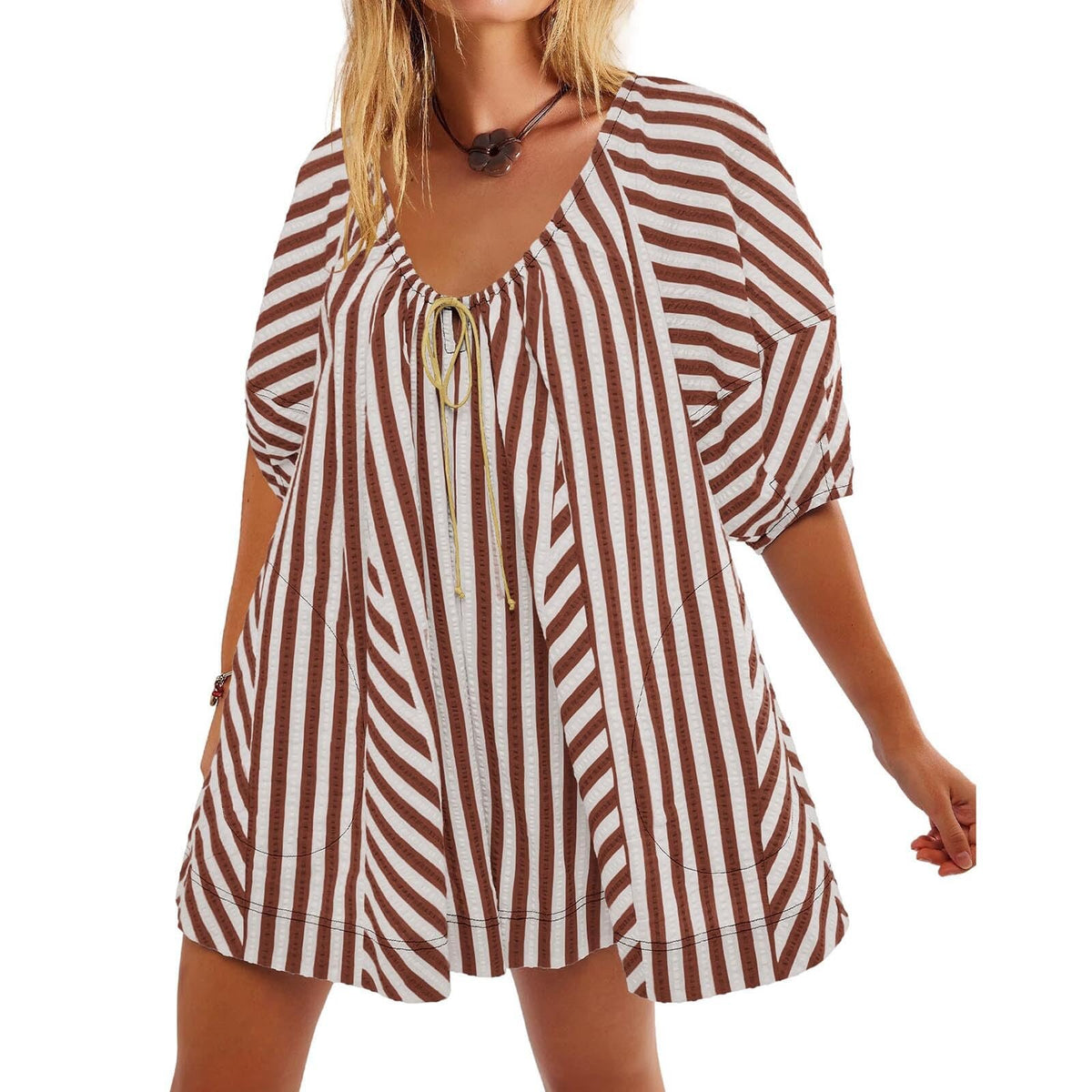 Striped V-Neck Short Sleeve Loose Casual Jumpsuit