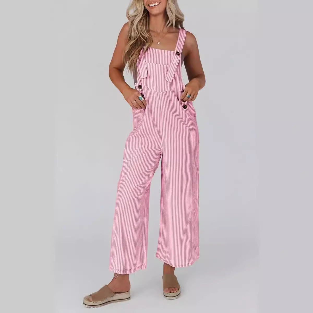 Sleeveless Striped Button-Down Work Jumpsuit