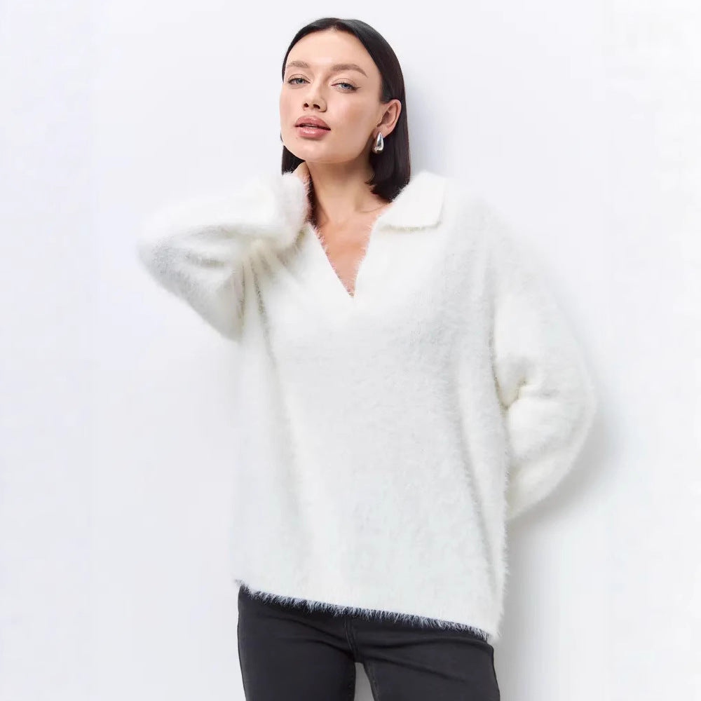 Womens Autumnwinter Mock Mink-feel Knitted Turtleneck Sweater in a Relaxed Plus-size Fit