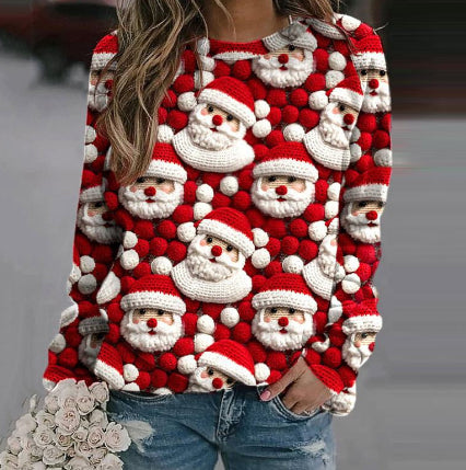 Festive Santa Claus Print Casual Holiday Sweater Top