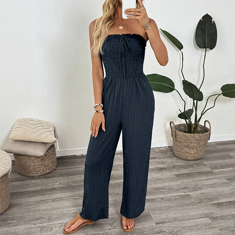 Casual Resort Minimalist Jumpsuit Solid Color Tube Top Straight-Leg Trousers