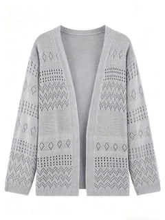 Women Boho Hollow Diamond Knit Cardigan Loose Long Sleeve Open Front Beach Cover Up