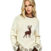 Womens Crew-neck Sweater Long-sleeve Loose-fitting Top