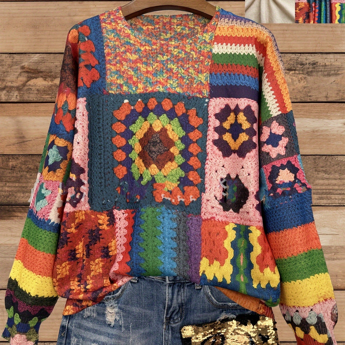 Full Printed Spring and Autumn Pattern All-match Round Neck Long Sleeve Knitted Loose Sweater