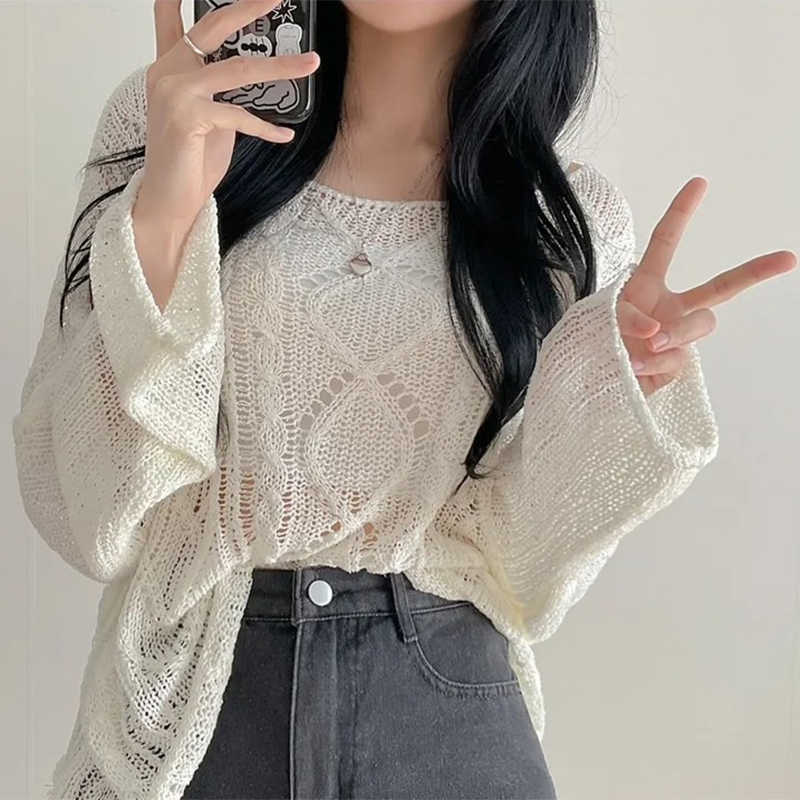 Hollow Jacquard Sun Protection Shirt Knitted Blouse Women Loose Thin Top