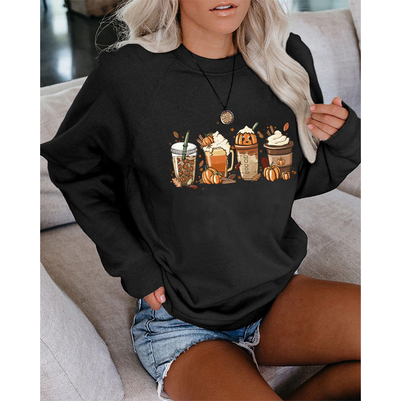 Pumpkin Coffee Halloween Casual Loose Pullover Sweatshirt