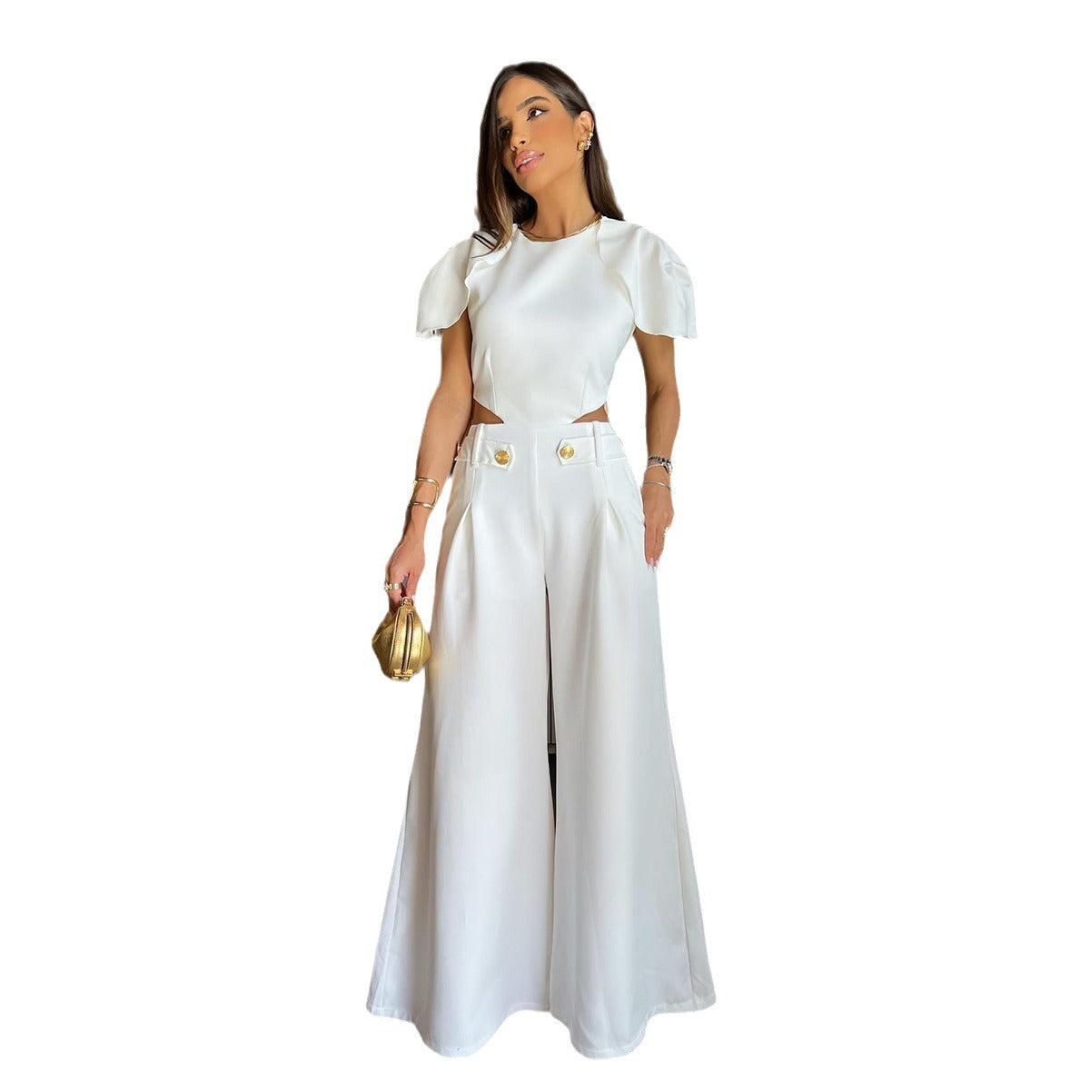 Chic Short-Sleeve Wide-Leg Midriff Jumpsuit for Women