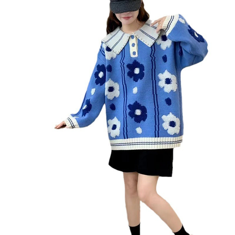 Sweet Style a Thick-knit Sweater with a Doll Collar