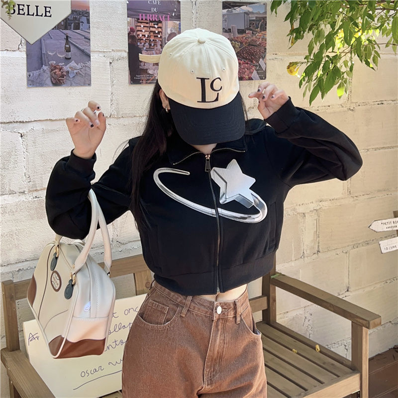 Retro Star Graphic Loose Fit Crop Sweater Jacket