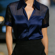Elegant Commute V-Neck Satin Sheer Striped Short-Sleeve Shirt