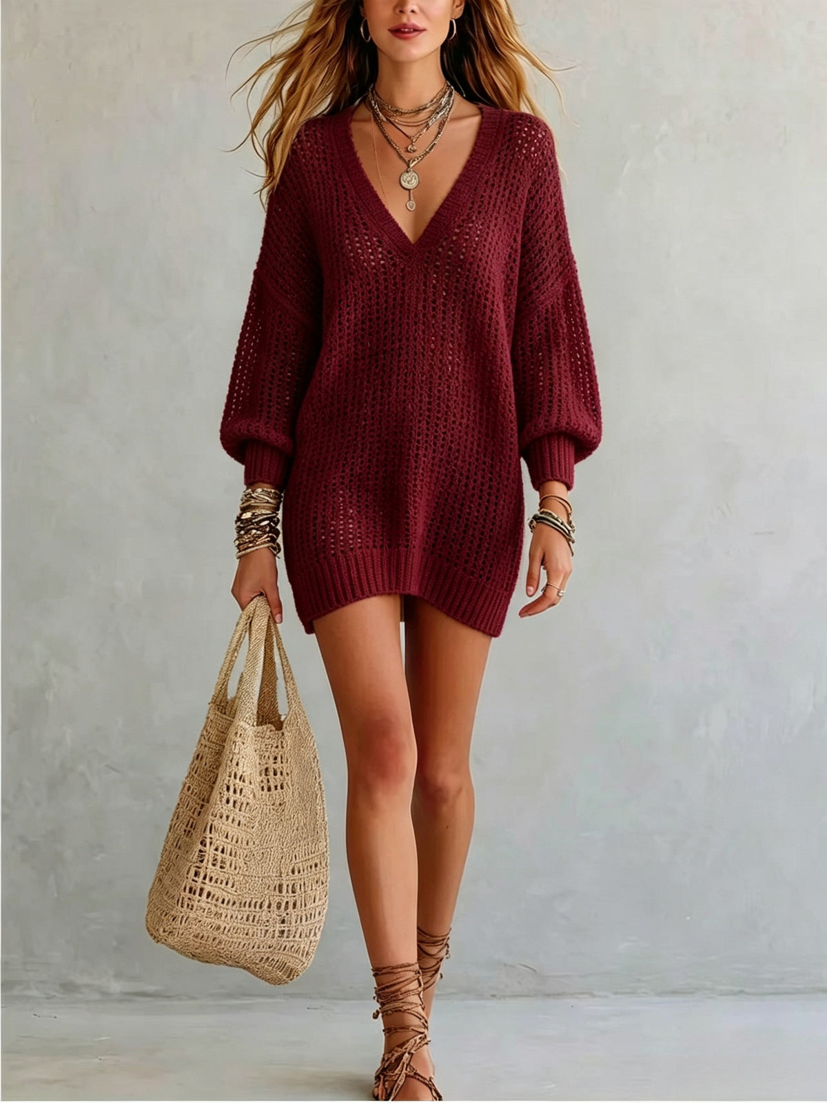 Womens Hollowed-out Long-sleeve Knitted Sweater