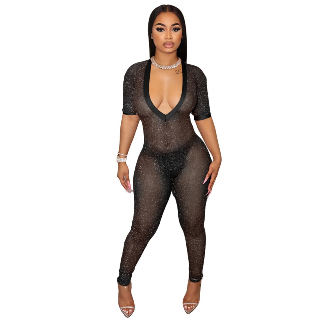 Fashionable Semi-Transparent Wide V-Neck Jumpsuit