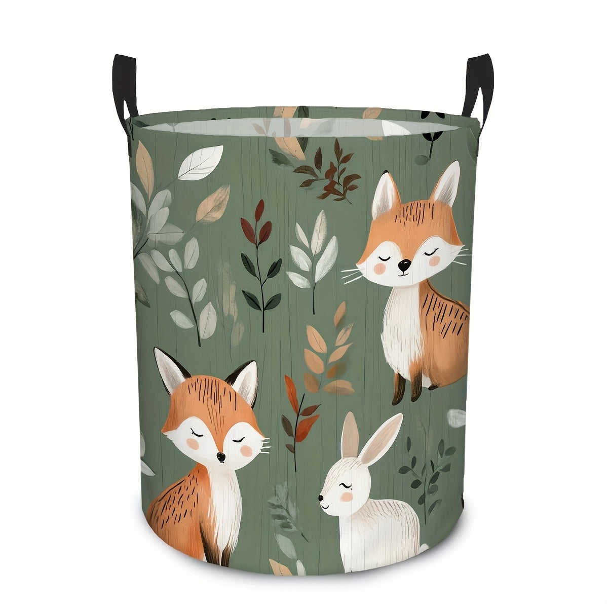 Rustic Forest Fox & Rabbit Foldable Round Laundry Hamper – Polyester Storage Basket with Handles