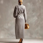 Elegant V-Neck Waffle-Knit Zip Casual Dress