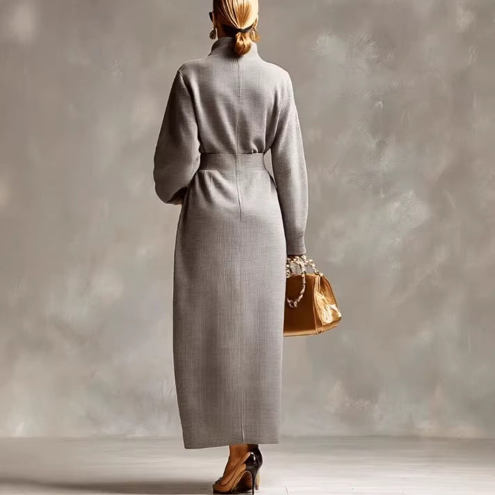 Elegant V-Neck Waffle-Knit Zip Casual Dress
