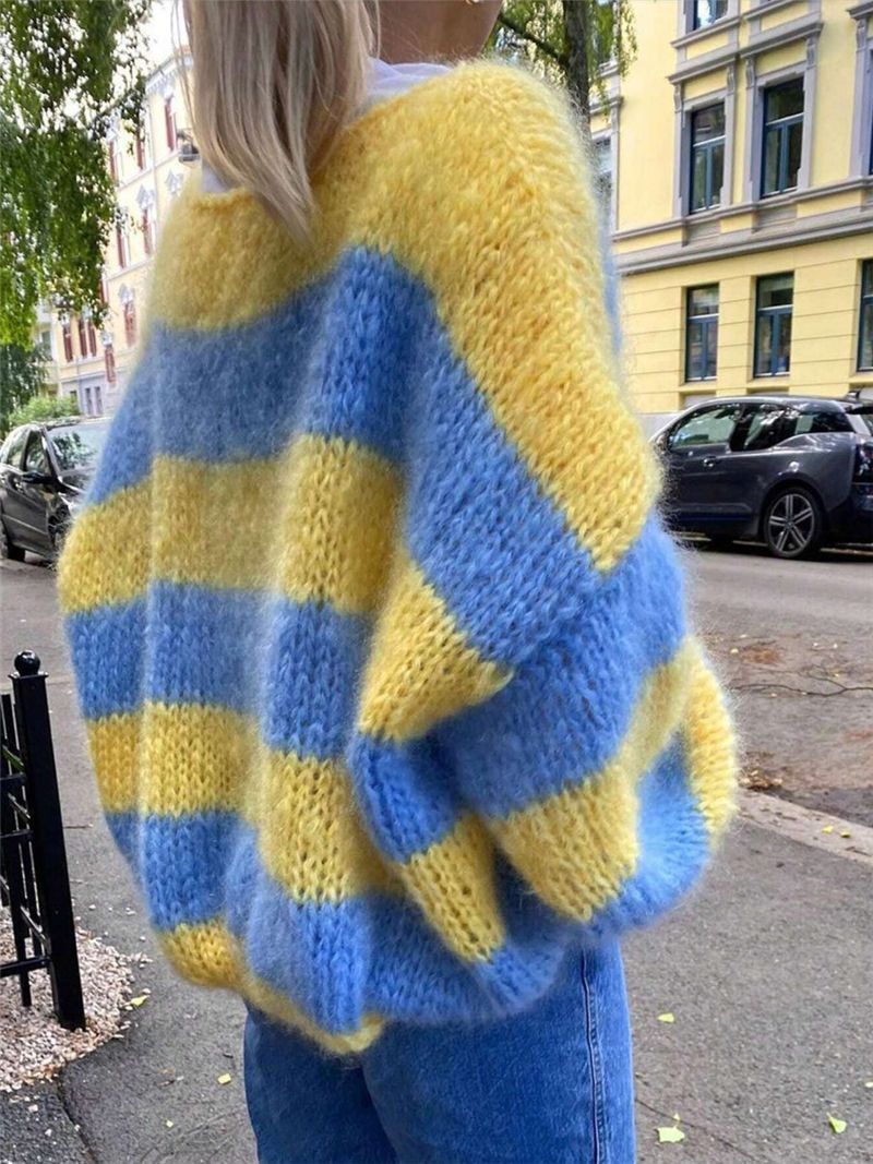 Women's Loose Gradient Stripes Contrast Color Crew Neck Pullover Sweater