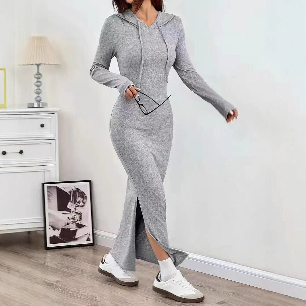 Womens Solid-color Casual Sheath Dress with Long Sleeves and a Hood