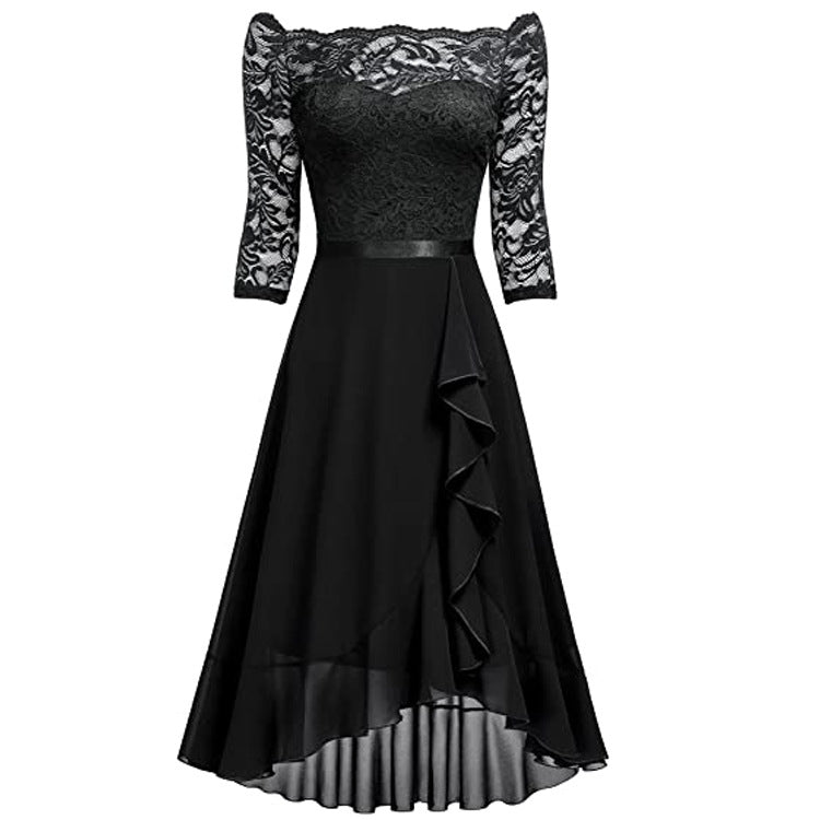 One-Shoulder Lace Chiffon Midi Dress