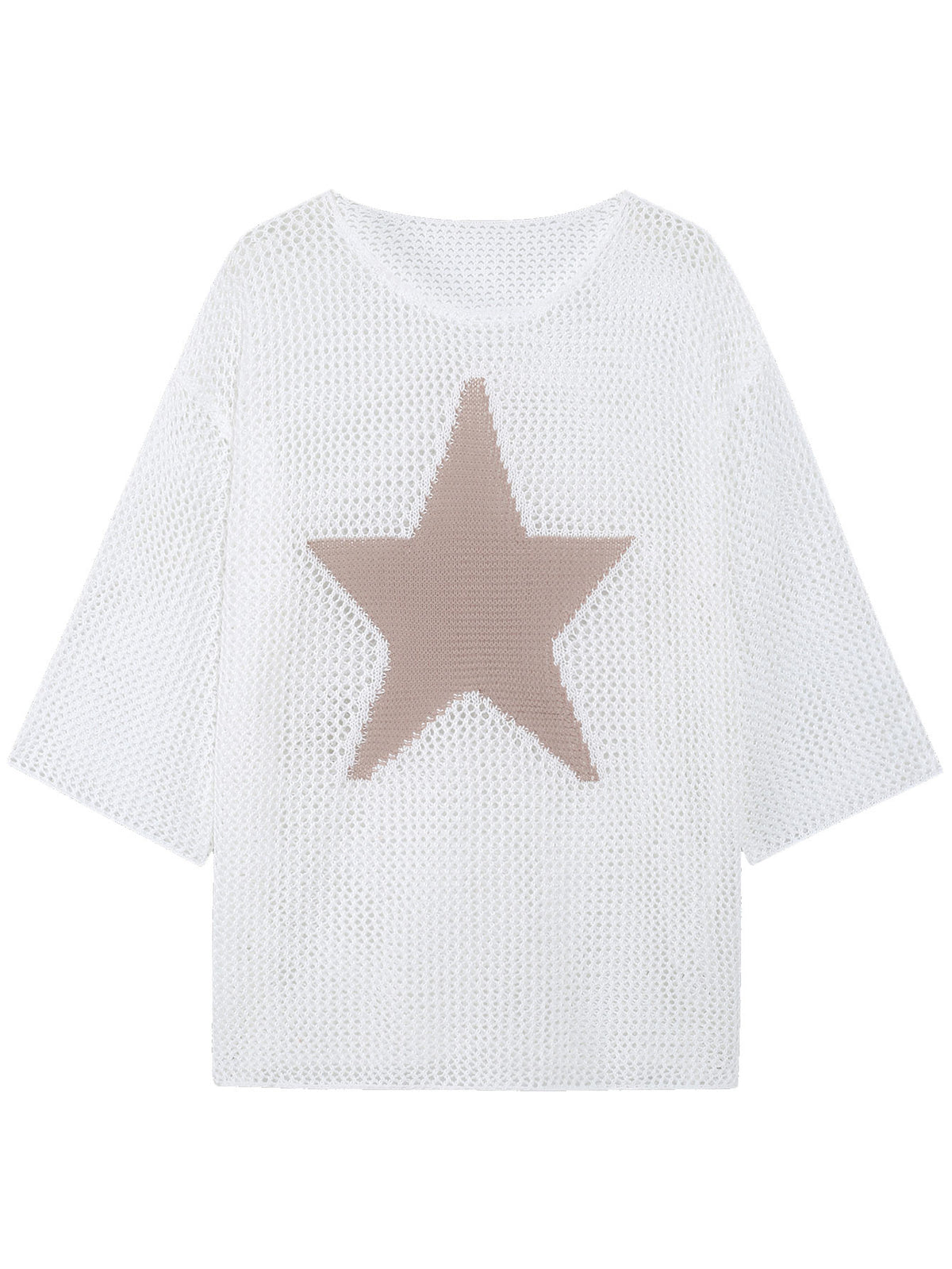 Boho Women Contrast Star Hollow Mesh Knit Top Oversized 3 Quarter Sleeve Bikini Beach Cover Up